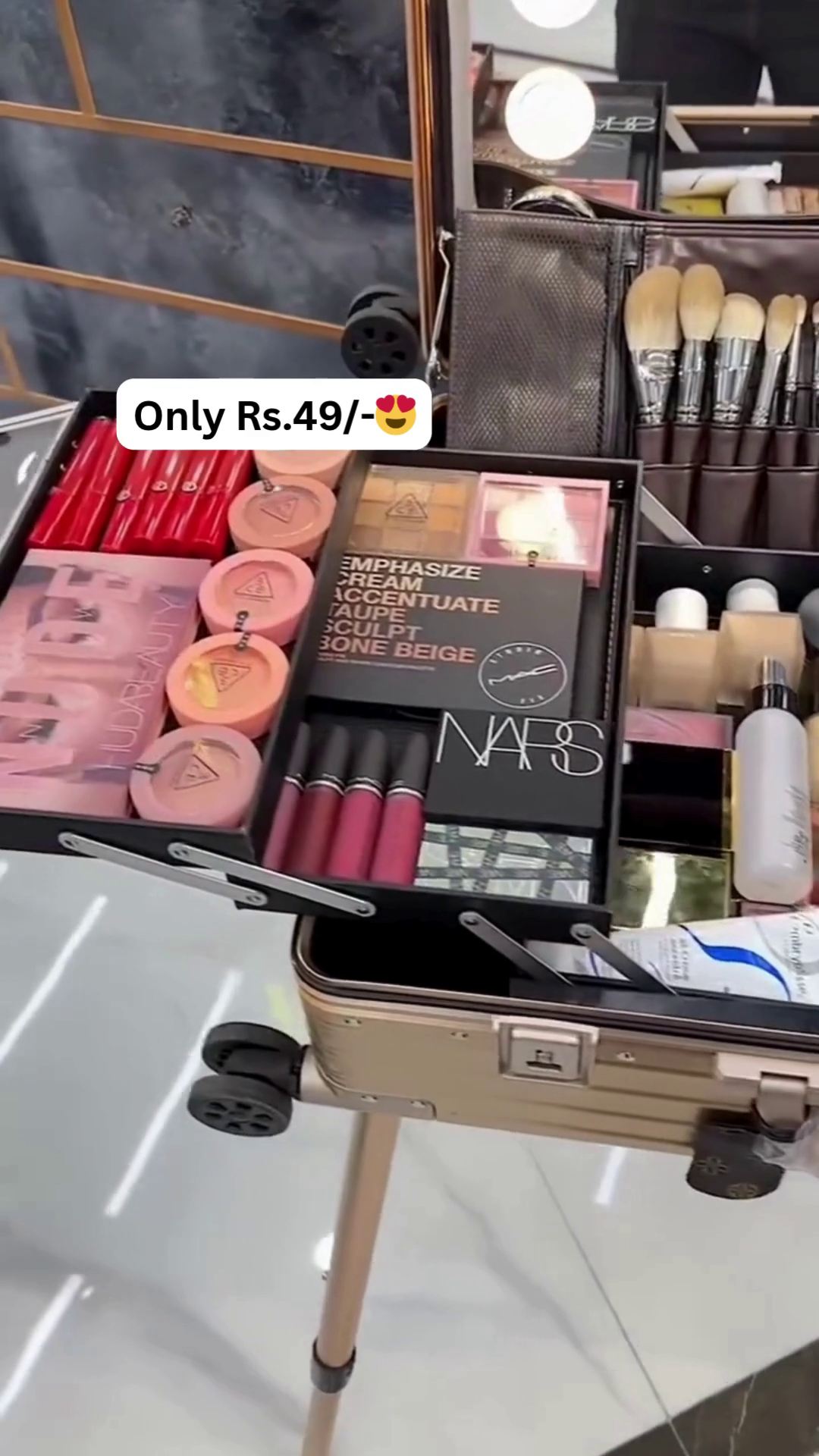 All-in-One Professional Makeup Artist Vanity Case with Premium Makeup Brushes, Foundation, Lipsticks, Eyeshadow Palettes, Highlighters, and Branded Cosmetic Essentials for Full Face Glam Look