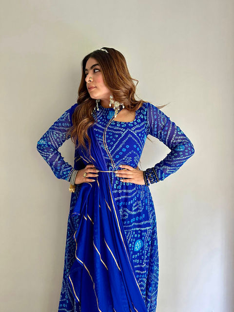 Royal Blue Anarkali Gown With Dupatta,New Bandhni Design Printed Long Gown, Georgette Traditional Wear Kurta With Dupatta