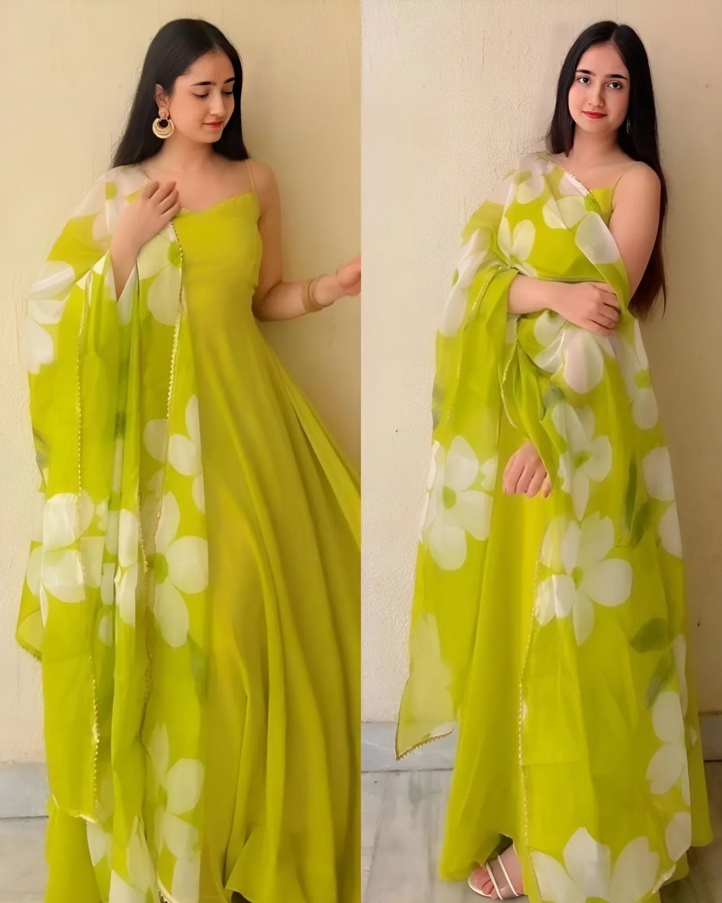 Women's Printed Georgette Ethnic Wear Lightweight Sweetheart Neck Sleevesless Gown with Dupatta