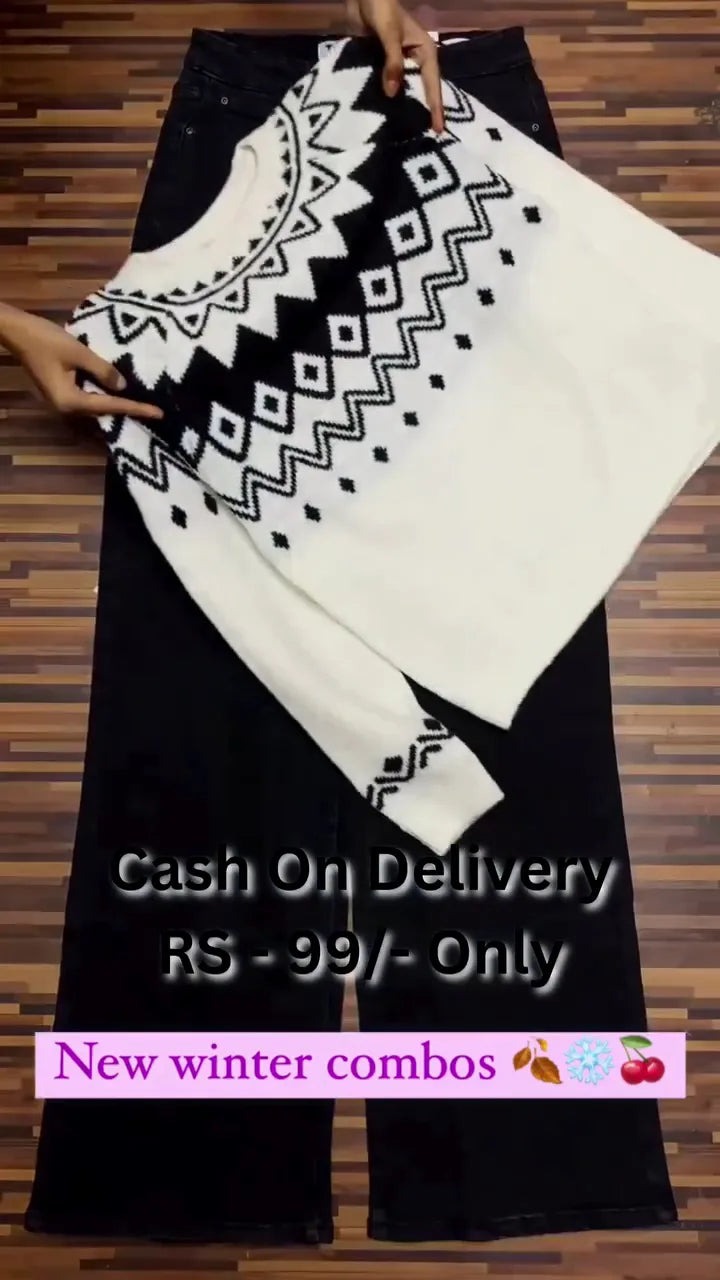 Winter Ready Combo – Soft Knit Sweater with Striking Black Stripes Paired with Elegant White Pants, Perfect for a Warm and Stylish Cold-Weather Look