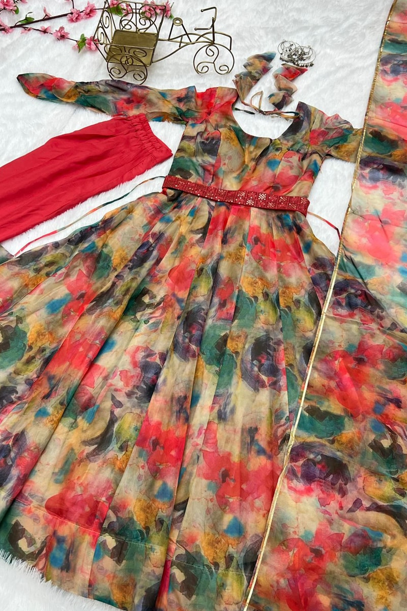 Premium Indian Designer Floral Print Full Flared Anarkali Long Flared Earthy Kurta Kurti with Dupatta Readymade Salwar Kameez set