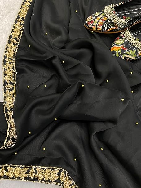 Black Handmade Embellished Saree With Velvet Blouse