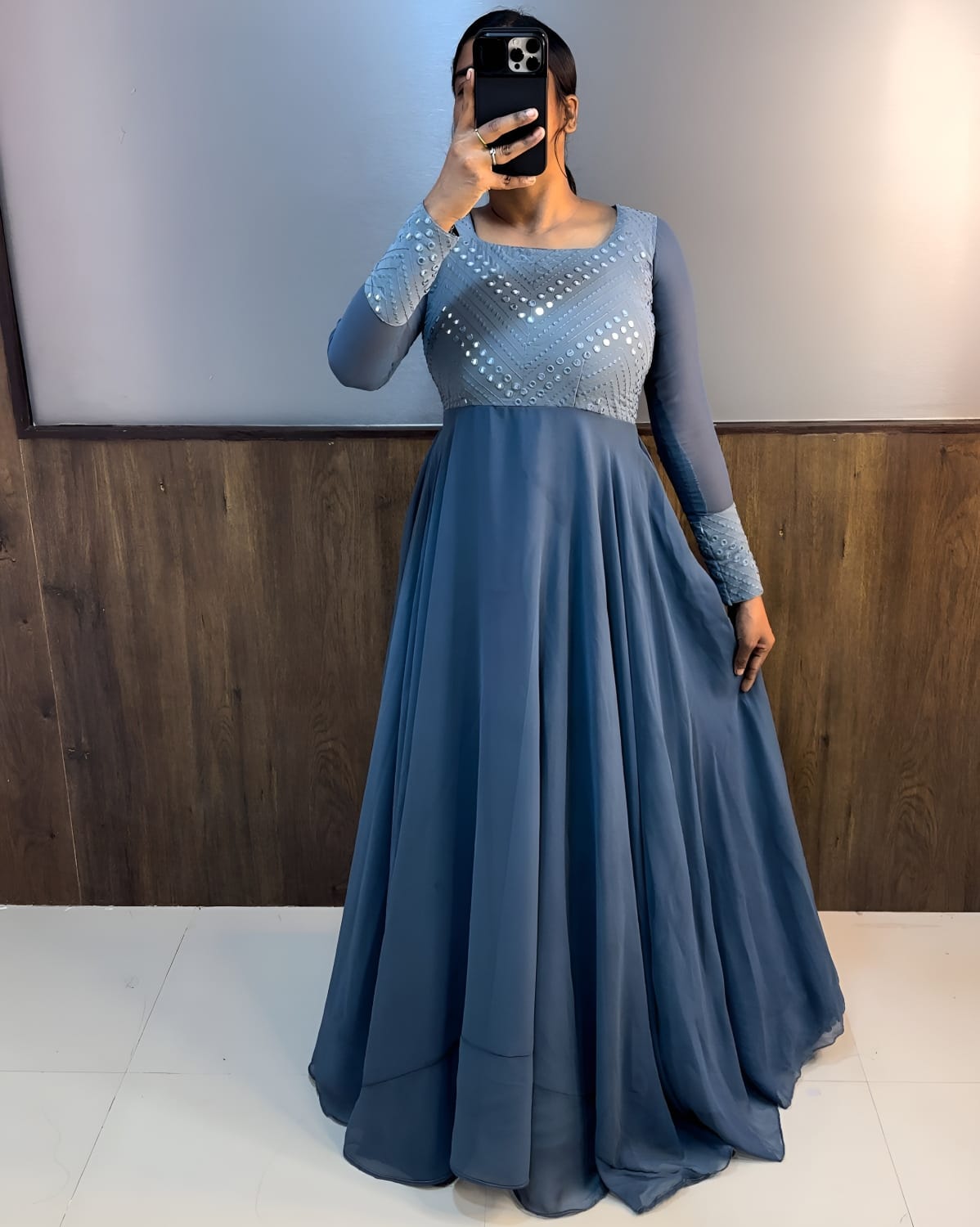 Gown for Women - Georgette Sequence Embroidered A-Line Gown with Attached Dupatta