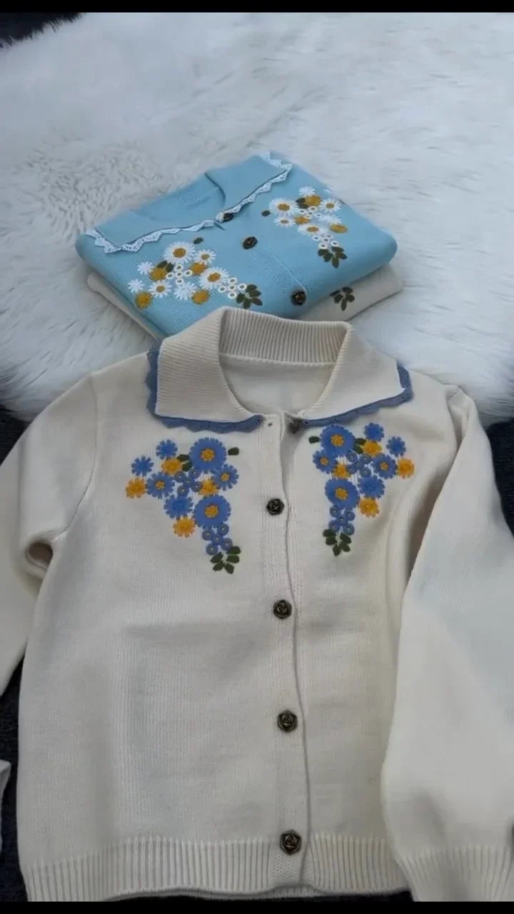 Soft Knit Cardigan with Flower Embroidery and Retro Lace Collar Design for Everyday Wear