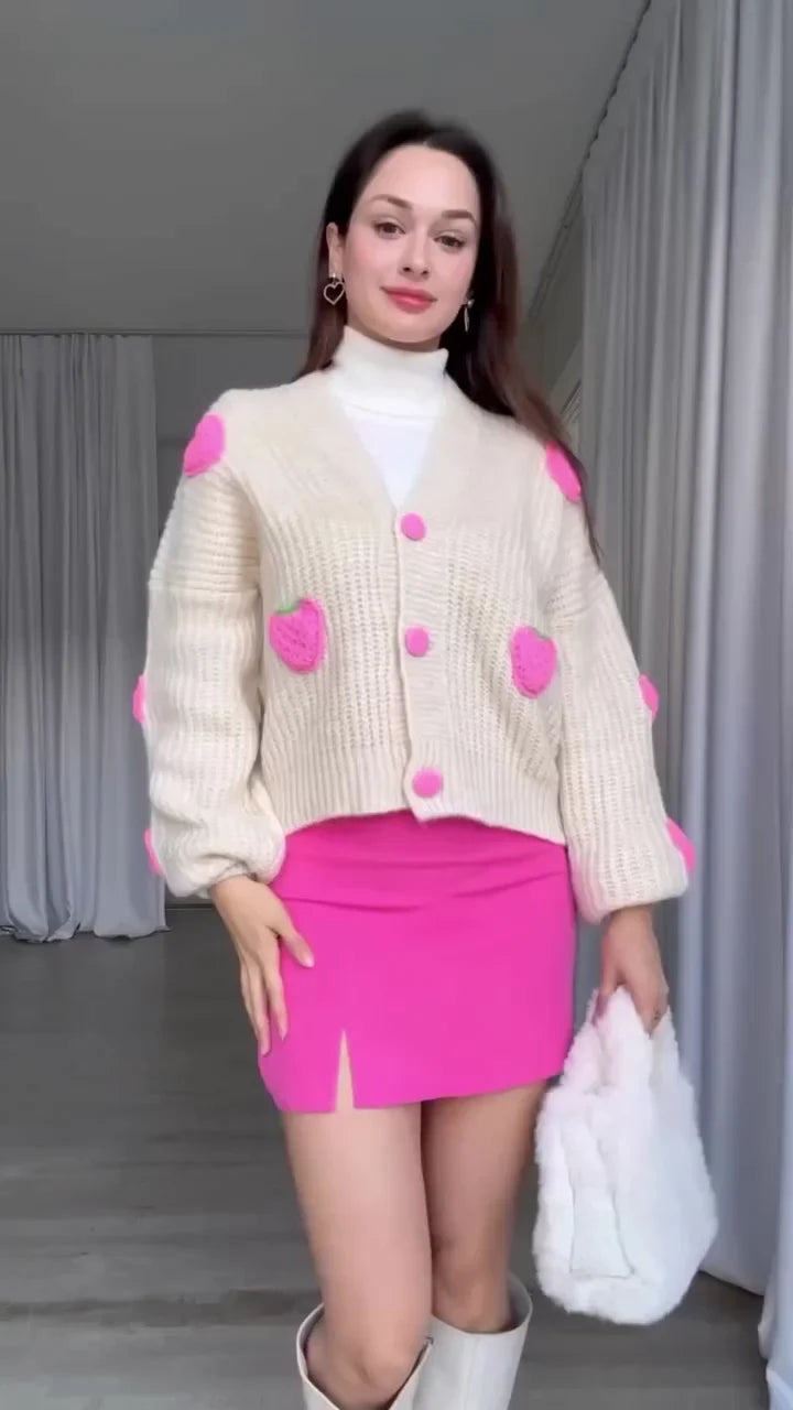 Trendy Pastel Cream Sweater with 3D Heart Patterns Paired with Bright Pink Mini Skirt