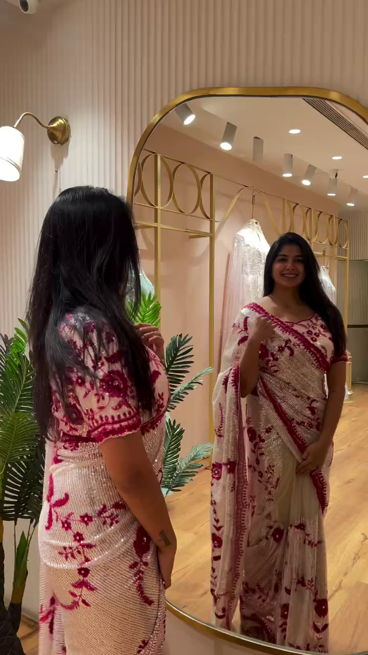 Cream and Red Embroidered Sequin Saree with Intricate Floral Thread Work and Matching Designer Blouse – Perfect for Wedding Receptions, Parties, and Festive Occasions