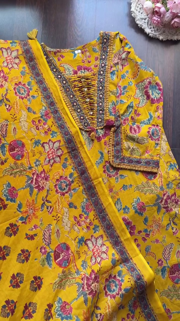 Traditional Ethnic Wear Cotton Kurti Set with Intricate Mirror Work, Thread Embroidery, Tassel Detailing and Vibrant Floral Print Design – Perfect for Festive and Casual Occasions