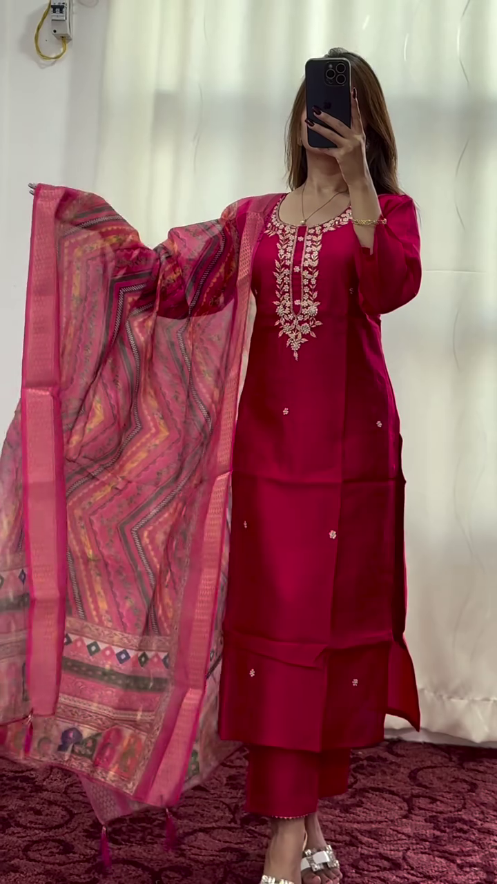 Wine Pink Embroidered Kurta Set with Matching Pants and Printed Dupatta, Traditional Ethnic Suit for Wedding, Party and Festive Wear