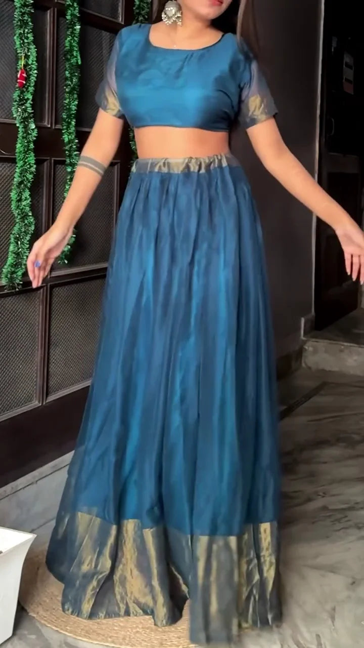 Elegant Teal Blue Silk Lehenga Choli with Golden Border – Free Size Traditional Party & Wedding Wear Outfit for Women