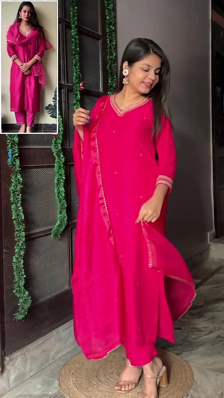 Elegant Pink Embroidered Kurta Set with Matching Pants and Dupatta – Stylish Ethnic Wear for Festive & Wedding Functions
