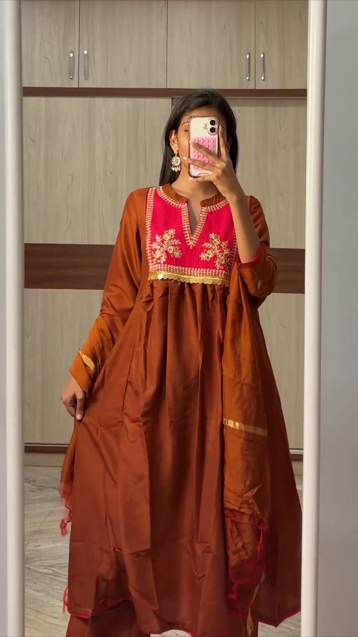 Orange & Pink Polka Embroidered Kurti with Dupatta – Festive Wear