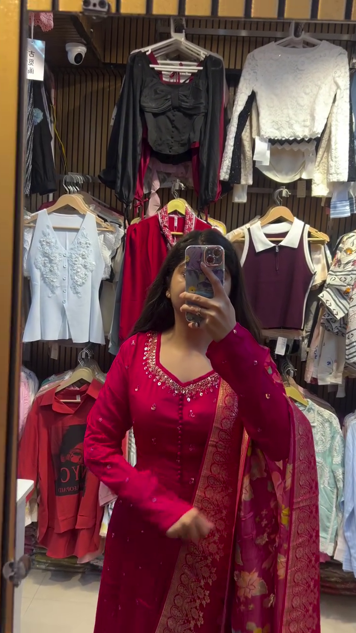 Deep Red Embroidered Kurti Set with Woven Dupatta – Elegant Wear