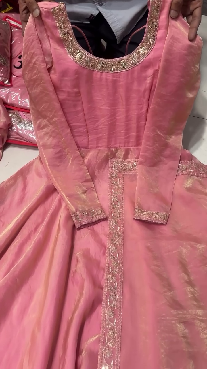 Pink Anarkali Style Long Gown with Full Sleeves, Embroidered Neckline and Border Detailing, Traditional Ethnic Dress for Wedding, Party and Festive Wear