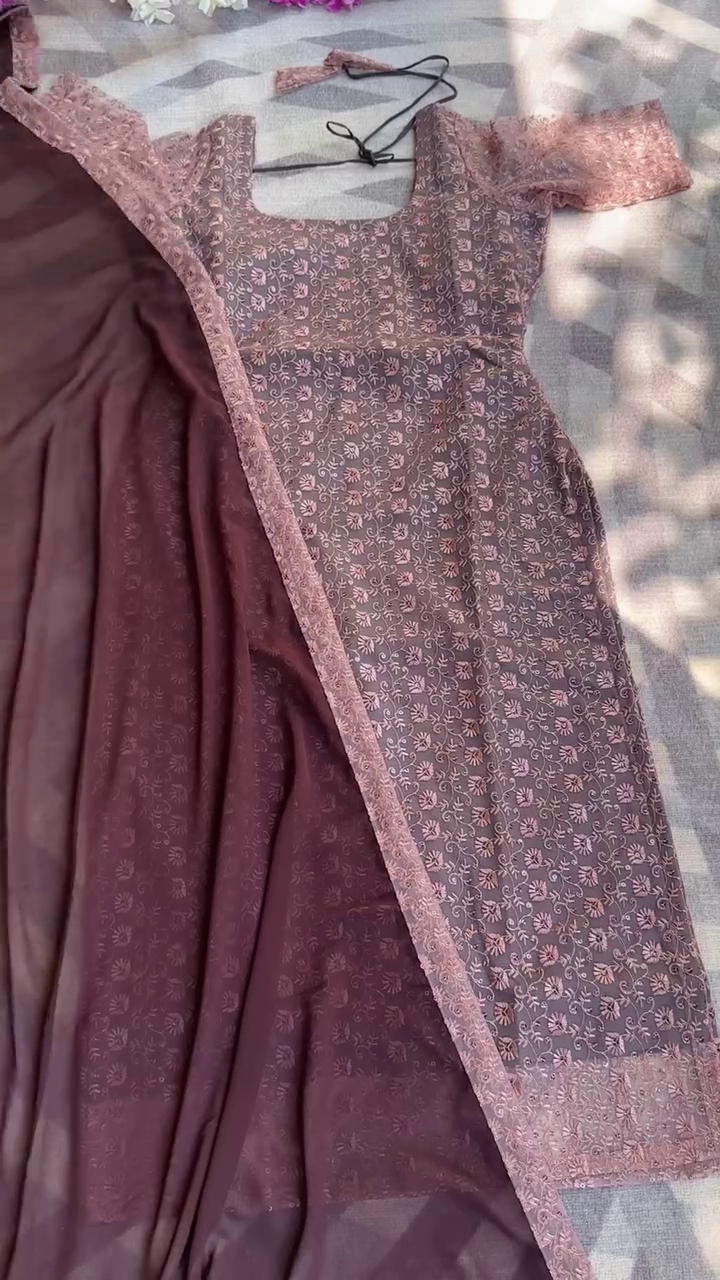 Stylish Brown Floral Printed Long Gown with Matching Dupatta, Embroidered Border Detailing, Ethnic Anarkali Style Dress for Wedding, Party and Festive Wear