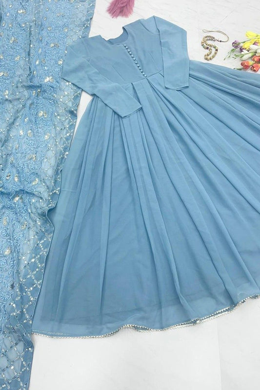 Women's Georgette Ethnic Long Anarkali Gown With Sequence Emboidered Dupatta Set | Fancy Gown With Dupatta