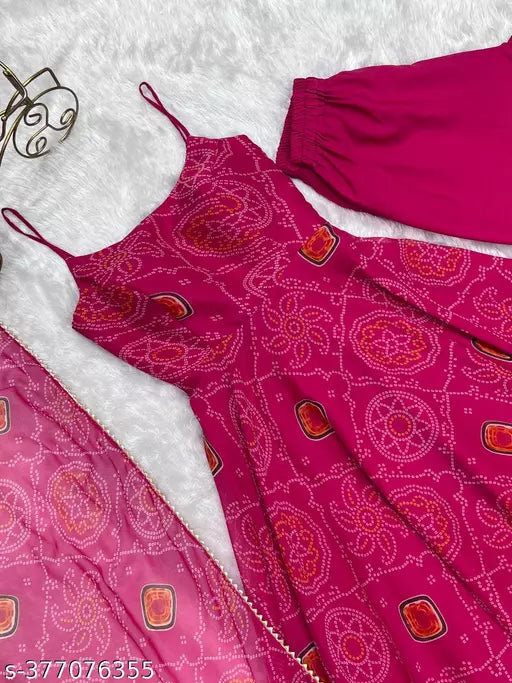 Presenting New Designer Pure Soft Lightweight Chiffon Bandhej Fully Flair Gown,duppta ,pent Set Ready To Wear Fully Sttich