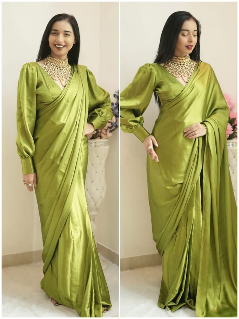 Partywear Pure Satin Silk Saree With Blouse, Wedding Saree For Women, Silk Saree, Bridesmaid Sarees, Ready To Wear Saree, Pre-stitched Saree