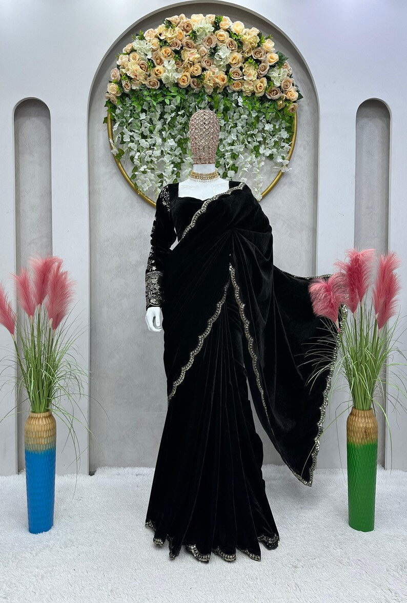 Designer Velvet Sequence Saree For Women, Wedding Wear Saree, Party Wear Saree Set, Bollywood Style Saree,traditional Indian Designer Saree