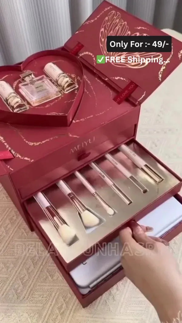Luxury All-in-One Makeup Gift Box with Lipsticks, Compact Powder, Eyeshadow Palette, Brushes, Perfume, and Beauty Essentials in Elegant Red Heart-Shaped Packaging – Perfect Cosmetic Kit for Women and Girls