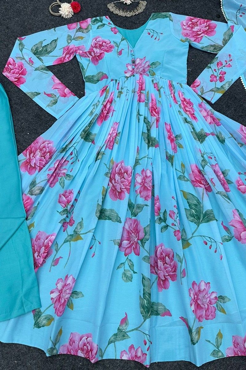 Designer Beautiful Sky Bluebase Flower Printed Georgette Anarkali Suit Set, Flaired Anarkali , Printed Anarkali Set,indian Outfits Readymade