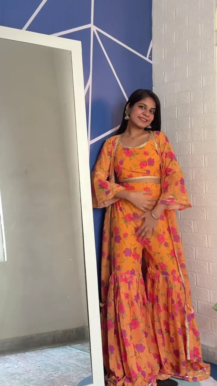 Trendy Pink Crop Top with Silver Embroidery Paired with Matching Wide-Leg Palazzo Pants – Stylish Fusion Wear for Festive, Party and Special Occasions