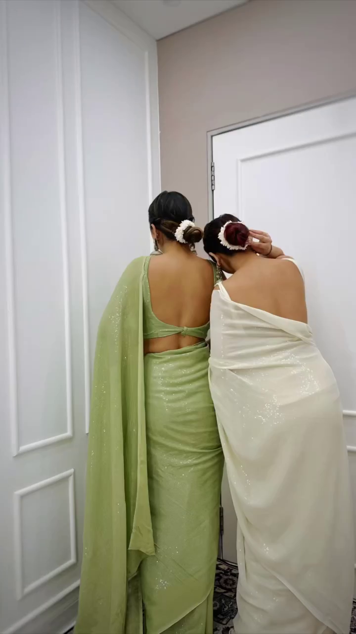 Smoke White And Green Sequin Saree