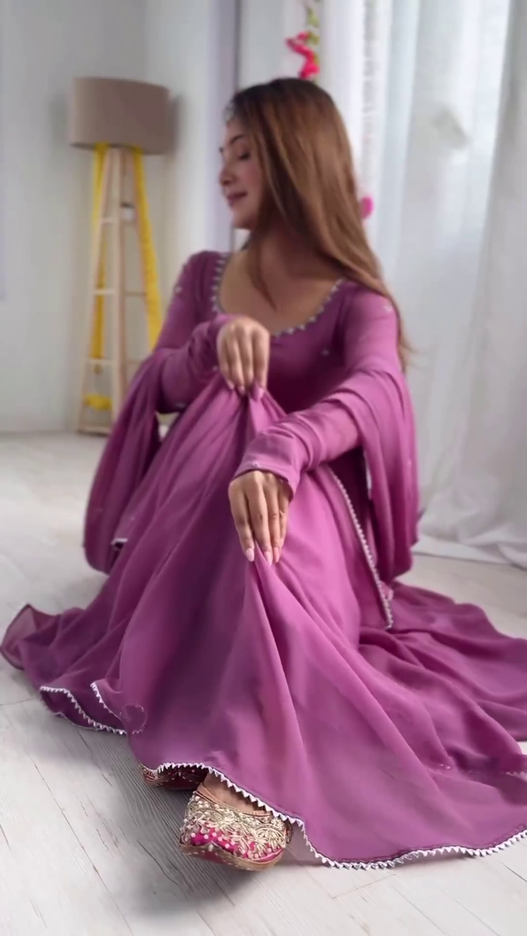 Plan Anarkali Long Churidar Embraided Sleeve Kurta With Dupatta Set