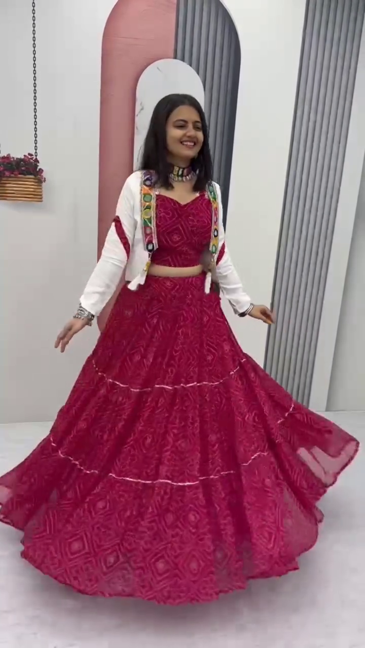 Traditional Bandhani Printed Flared Lehenga Choli Set with Matching Blouse and White Embroidered Jacket – Elegant Festive and Wedding Wear Ethnic Outfit for Women