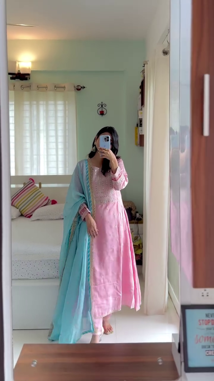 Pastel Blue and Pink Embroidered Straight Kurta Set with Matching Pants and Contrast Dupatta – Stylish Festive and Traditional Ethnic Wear Outfit for Women