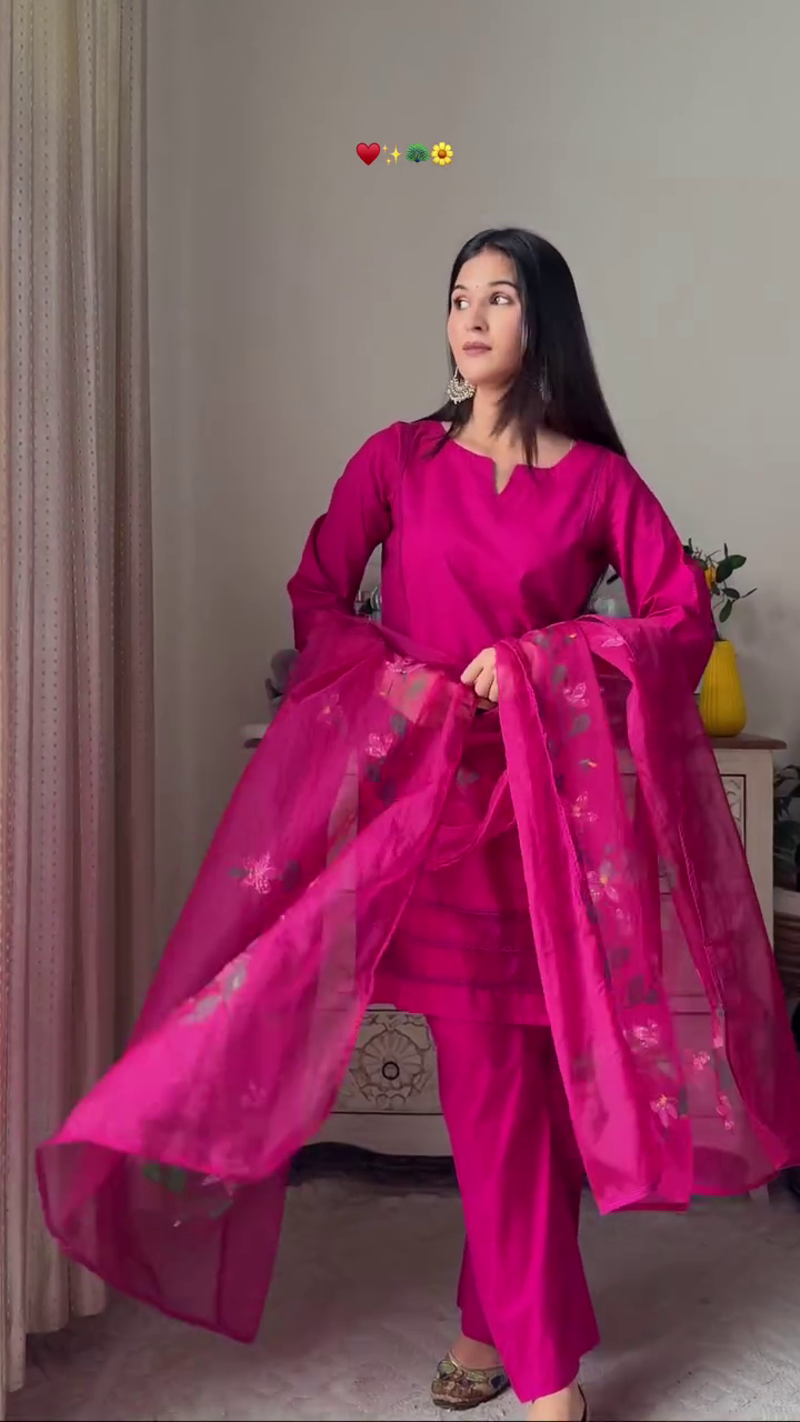 Ethnic Wear Collection for Women – Maroon Anarkali Gown with Ombre Dupatta, Yellow Floral Embroidered Kurta Set with Organza Dupatta, and Hot Pink Straight Kurta Pant Set with Matching Embroidered Dupatta