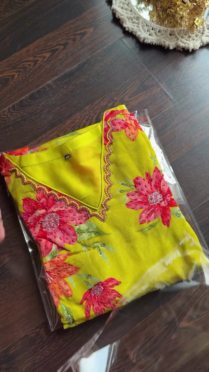 Floral Printed Embroidered Kurta Sets in Red and Yellow with Elegant Neck Detailing – Comfortable Daily Wear and Festive Ethnic Outfits for Women