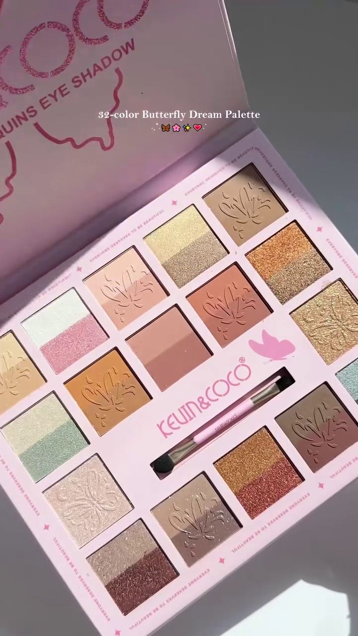32-Color Butterfly Dream Eyeshadow Palette with Matte, Shimmer, and Glitter Shades in a Sparkly Pink Butterfly Case for Creative and Everyday Eye Makeup Looks