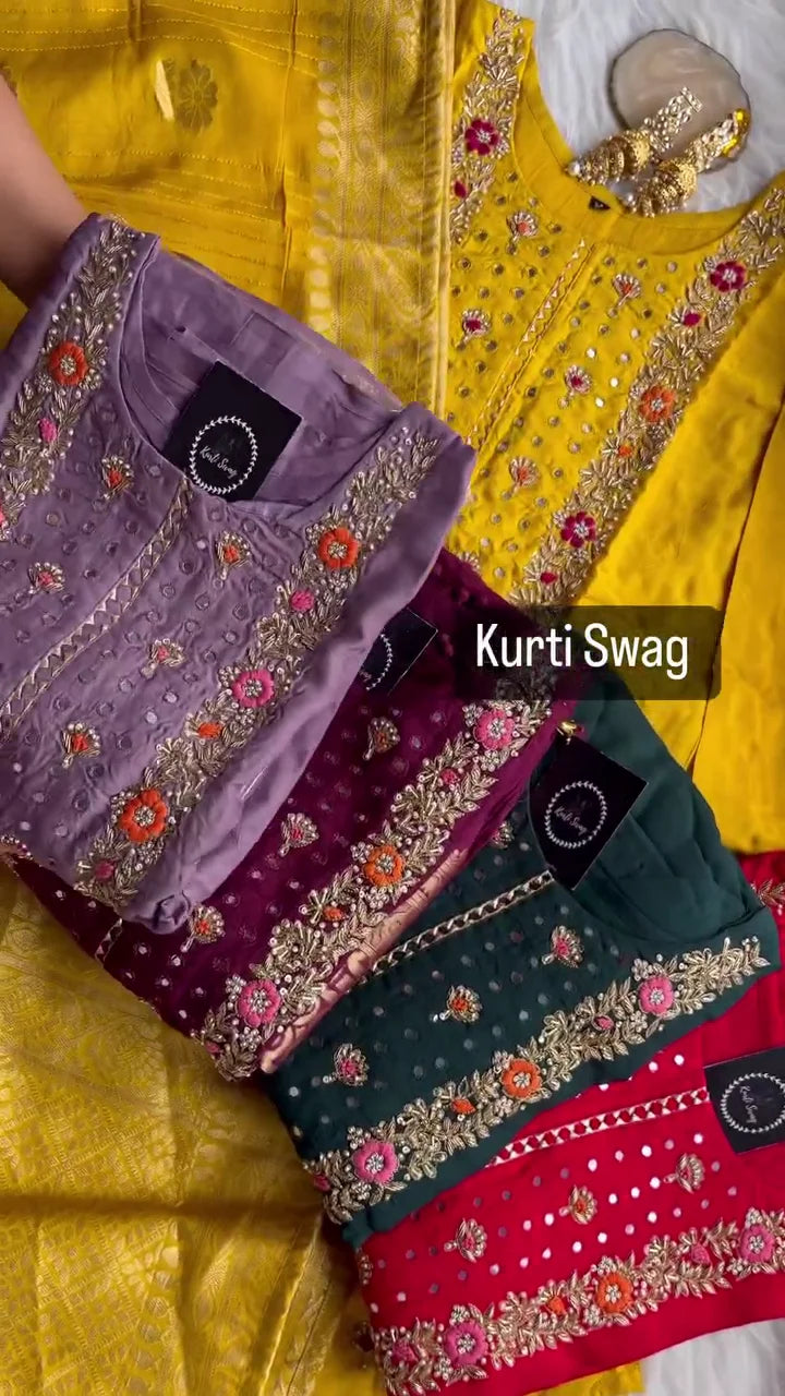 Regal Maroon Silk Embroidered Kurta with Golden Churidar and Dupatta Set