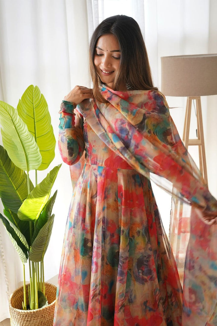 Premium Indian Designer Floral Print Full Flared Anarkali Long Flared Earthy Kurta Kurti with Dupatta Readymade Salwar Kameez set