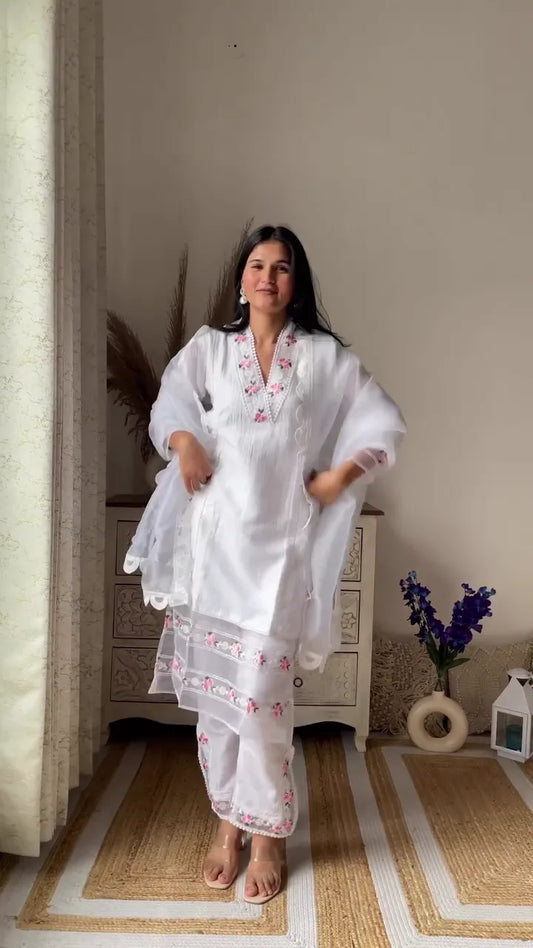 Women’s Traditional Ethnic Wear Cotton Embroidered Kurta Set with Dupatta – White Kurta with Floral Embroidery and Matching Pants, Purple Kurta with Intricate White Thread Work and Stylish Straight Pants