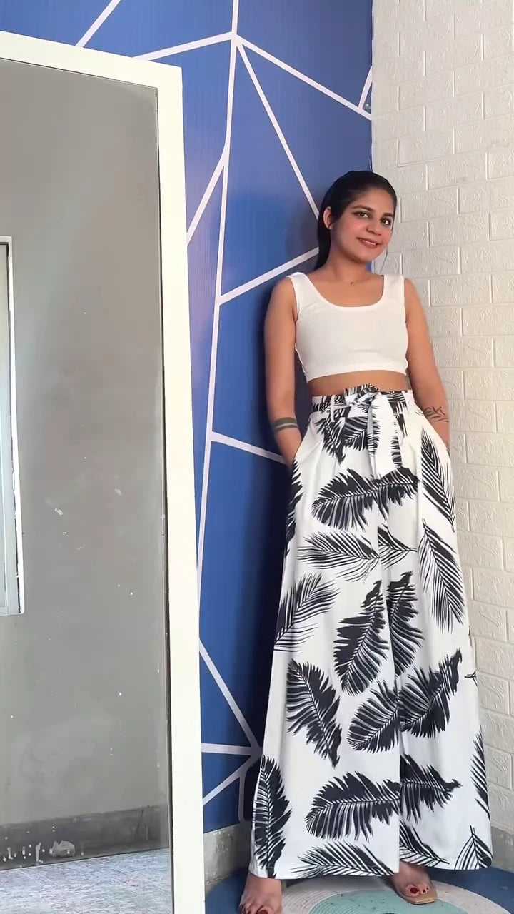 Trendy Women’s Solid and printed Crop Collar T-Shirt with Front Knot Paired with High Waist Loose Fit Pleated Wide Leg Palazzo Pants Stylish Casual Co-Ord Set