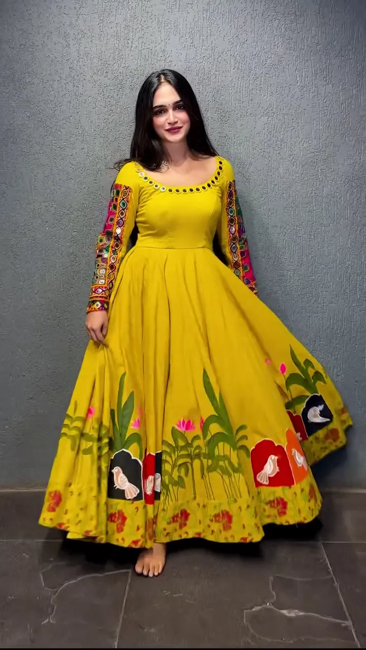 Yellow Embroidered Full-Length Anarkali Dress with Mirror Work Neckline and Colorful Bird-Floral Print