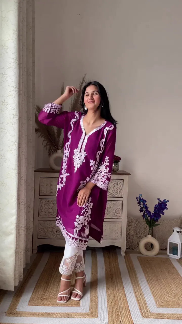 Women’s Traditional Ethnic Wear Cotton Embroidered Kurta Set with Dupatta – White Kurta with Floral Embroidery and Matching Pants, Purple Kurta with Intricate White Thread Work and Stylish Straight Pants