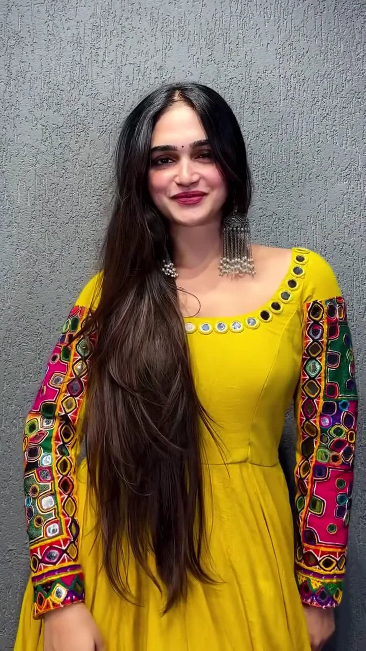 Yellow Embroidered Full-Length Anarkali Dress with Mirror Work Neckline and Colorful Bird-Floral Print