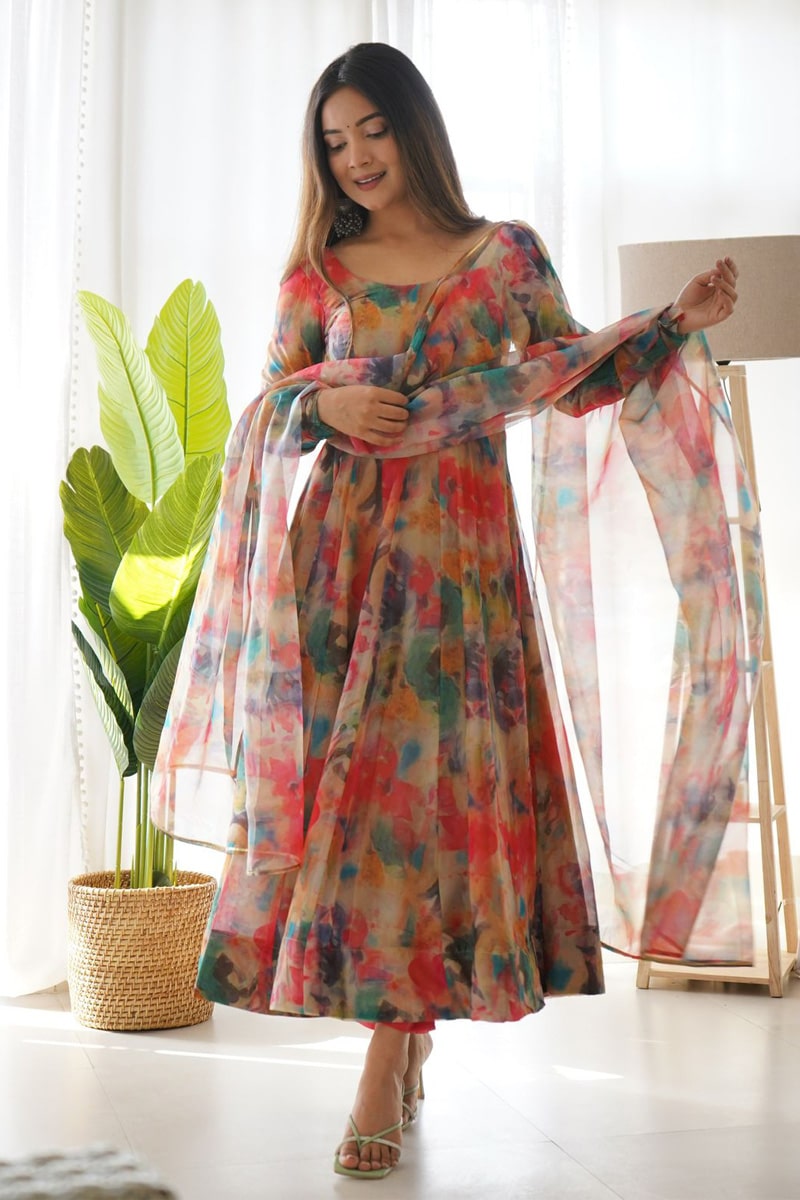 Premium Indian Designer Floral Print Full Flared Anarkali Long Flared Earthy Kurta Kurti with Dupatta Readymade Salwar Kameez set