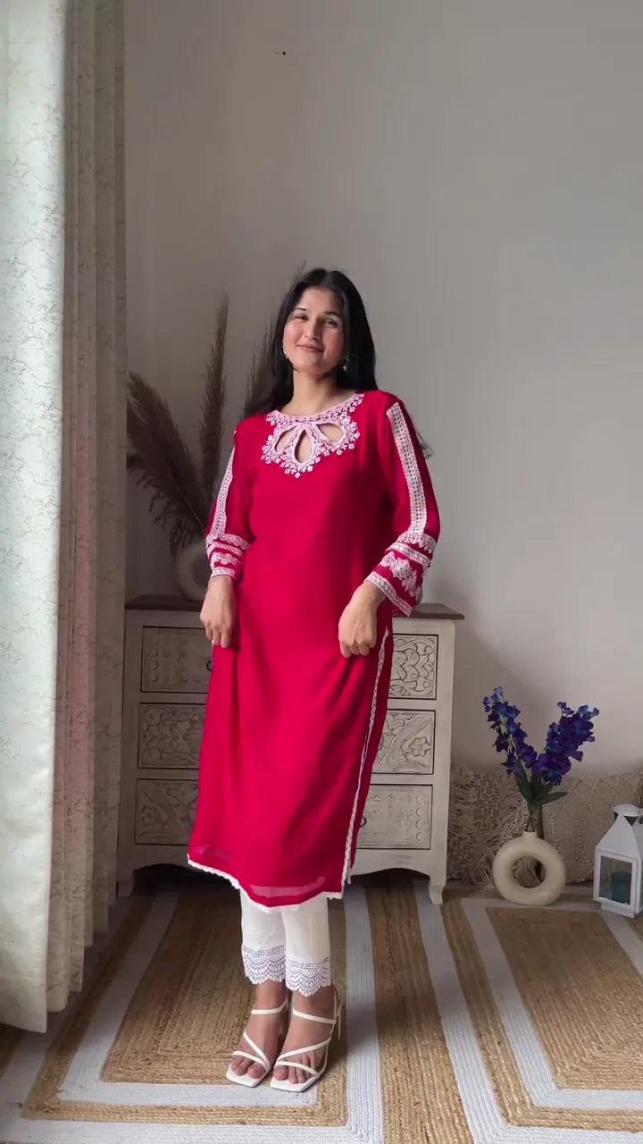 Women’s Ethnic Wear Set Featuring Red Kurti with White Embroidered Detailing and Keyhole Neck Paired with White Lace Pants, and Classic Green Solid Kurti with Matching Straight Pants for Festive