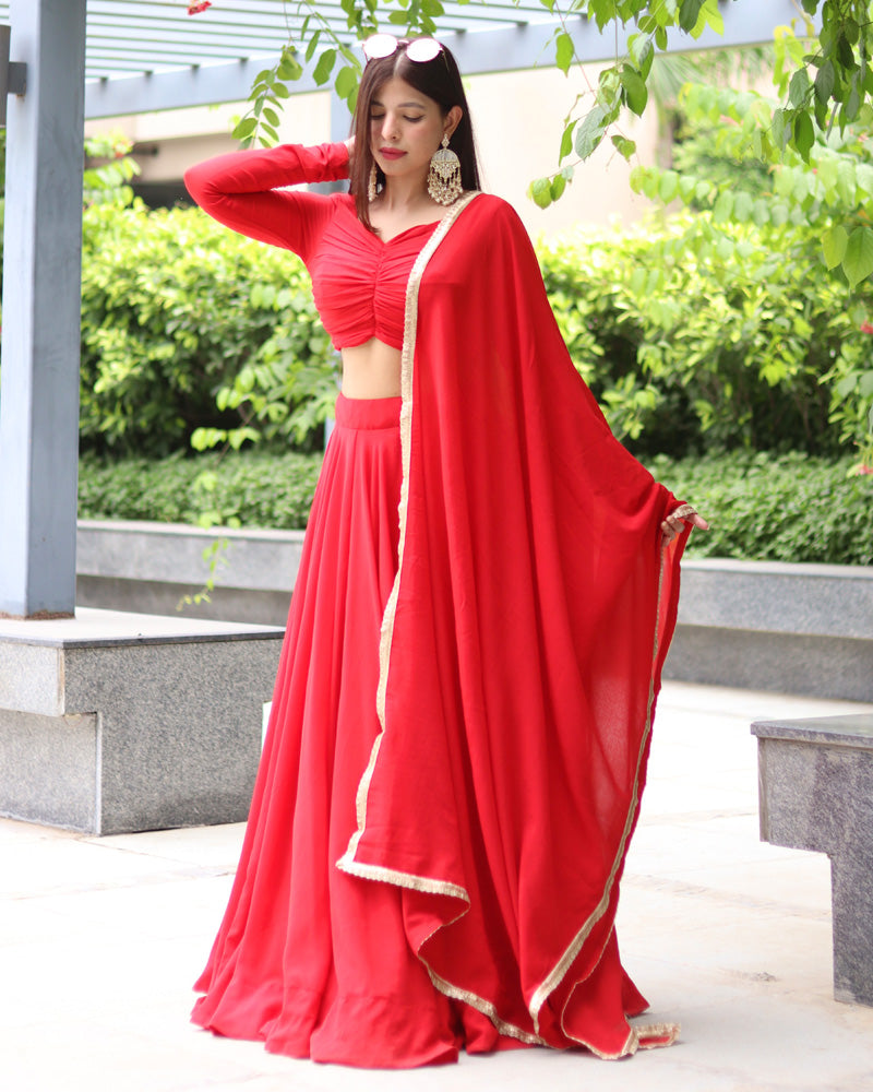 Trendy Red Color Fully Flare Lehenga Choli