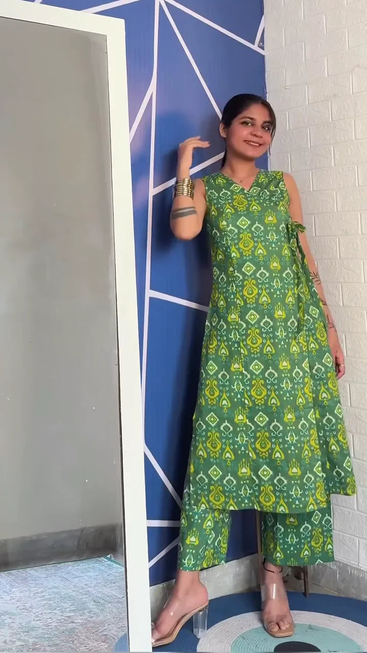 Ikat Print Cotton Kurta Set with Side Tie-Up Detail and Matching Palazzo Pants for Women
