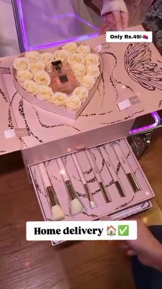Luxury Rose-Themed Gift Set with Perfume, Makeup Brush Collection, and Premium Lipstick – Ideal for Gifting with Elegant Packaging