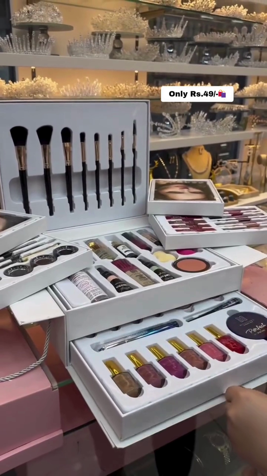 All-in-One Premium Makeup Kit with Brushes, Lipsticks, Eyeshadows, Foundations, Nail Polishes, Blush, Highlighters, Skincare Essentials, and Accessories for Professional and Personal Use