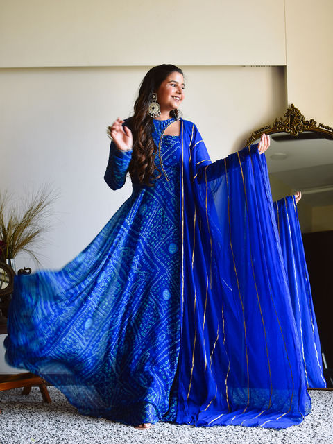 Royal Blue Anarkali Gown With Dupatta,New Bandhni Design Printed Long Gown, Georgette Traditional Wear Kurta With Dupatta