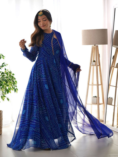 Royal Blue Anarkali Gown With Dupatta,New Bandhni Design Printed Long Gown, Georgette Traditional Wear Kurta With Dupatta
