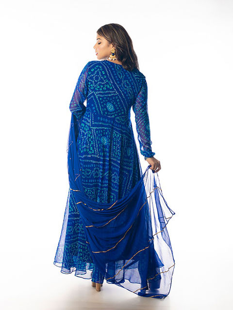 Royal Blue Anarkali Gown With Dupatta,New Bandhni Design Printed Long Gown, Georgette Traditional Wear Kurta With Dupatta
