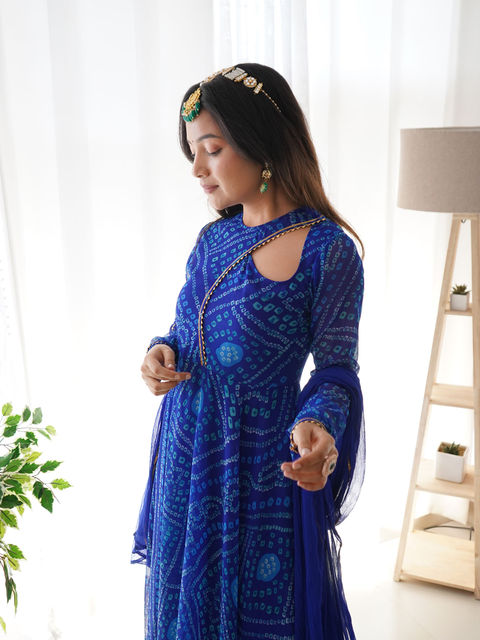 Royal Blue Anarkali Gown With Dupatta,New Bandhni Design Printed Long Gown, Georgette Traditional Wear Kurta With Dupatta