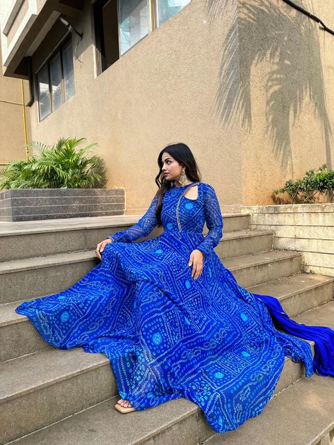 Royal Blue Anarkali Gown With Dupatta,New Bandhni Design Printed Long Gown, Georgette Traditional Wear Kurta With Dupatta
